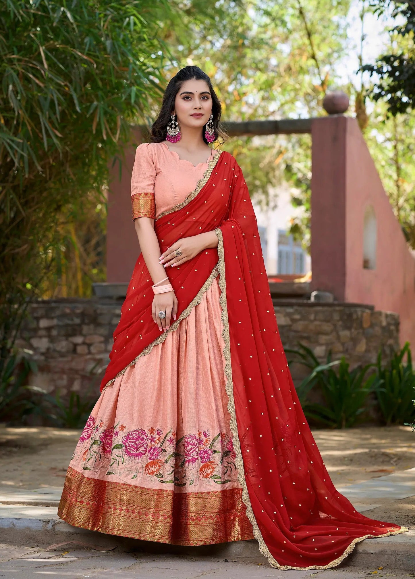 Peach Cotton Silk Embroidery Lehenga Choli