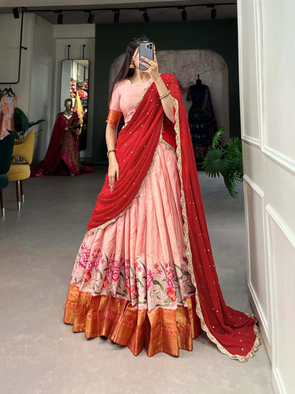 Peach Cotton Silk Embroidery Lehenga Choli