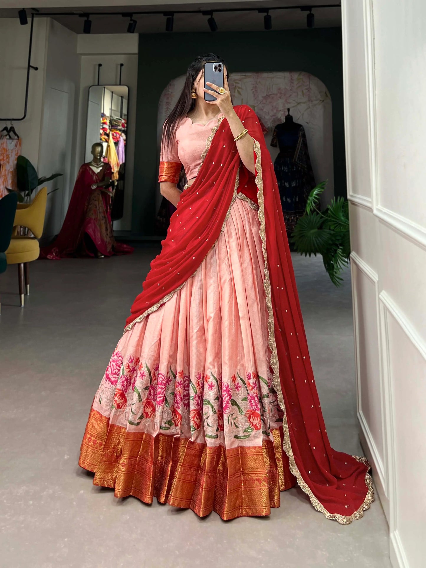 Peach Cotton Silk Embroidery Lehenga Choli