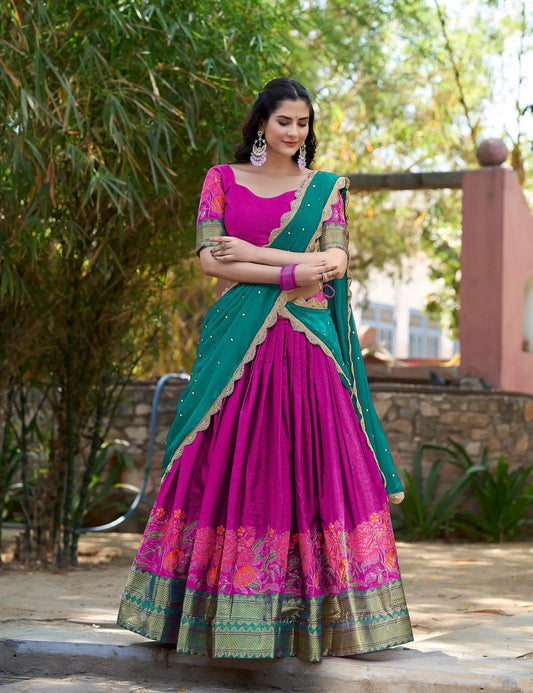 Deep Pink Cotton Silk Embroidery Lehenga Choli