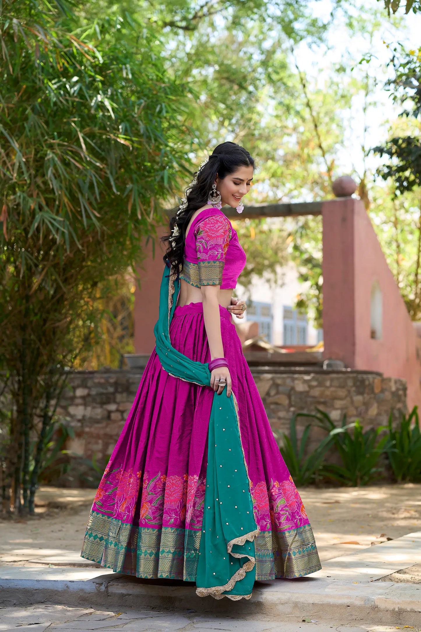 Deep Pink Cotton Silk Embroidery Lehenga Choli