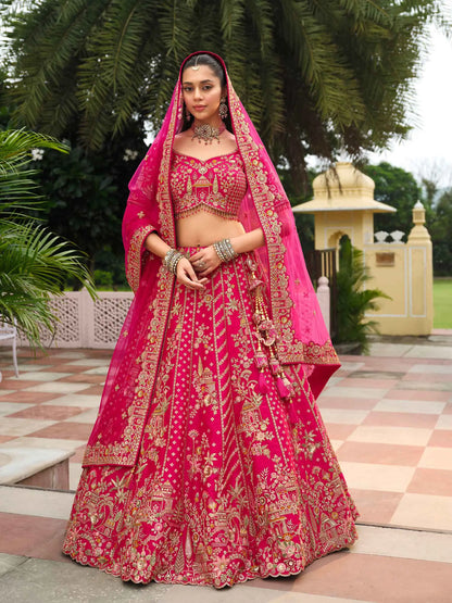 Raspberry Khatli Embroidery Bridal Lehenga With 2 Dupatta