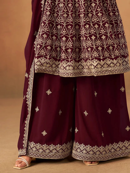 Maroon Georgette Embroidery Work Palazzo Set