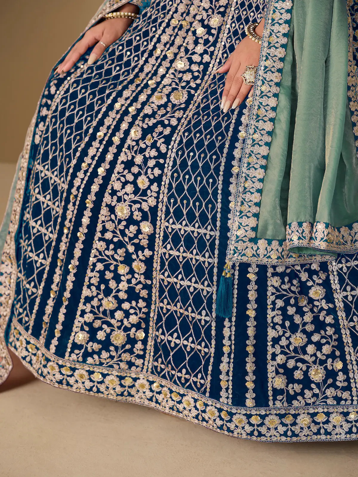 Teal Blue Velvet Heavy Embroidered Gown