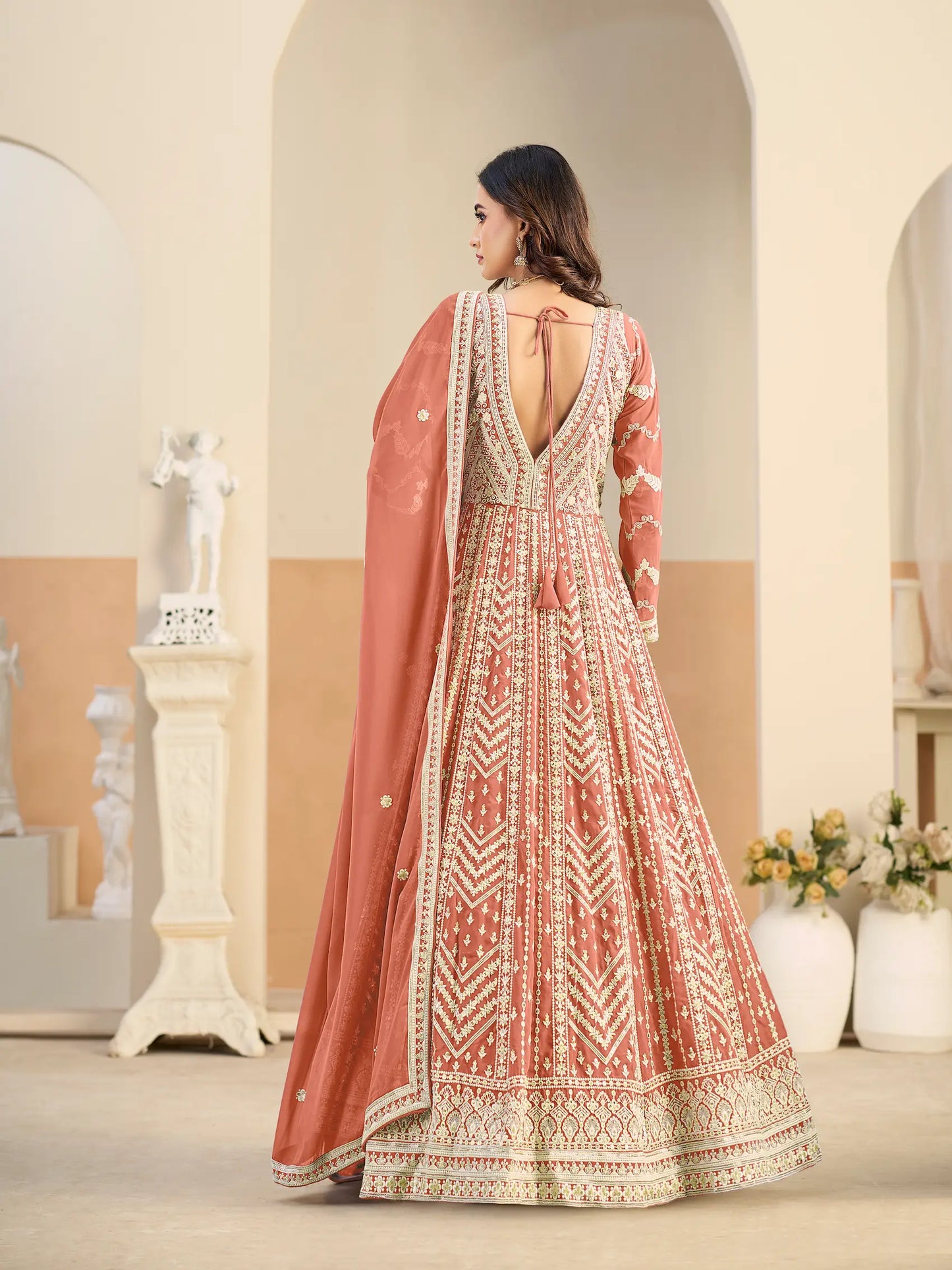 Peachy Orange Georgette Embroidery Gown