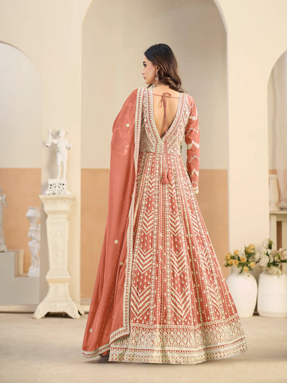 Peachy Orange Georgette Embroidery Gown