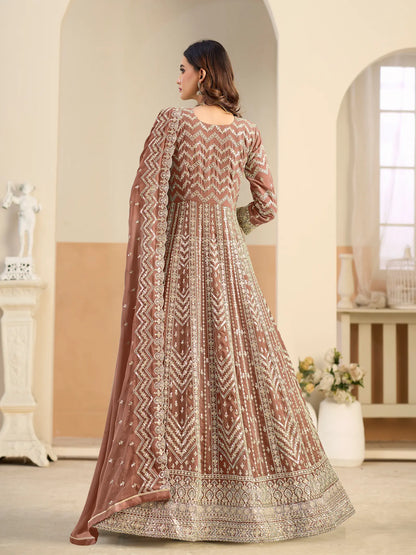Rust Brown Georgette Embroidery Gown