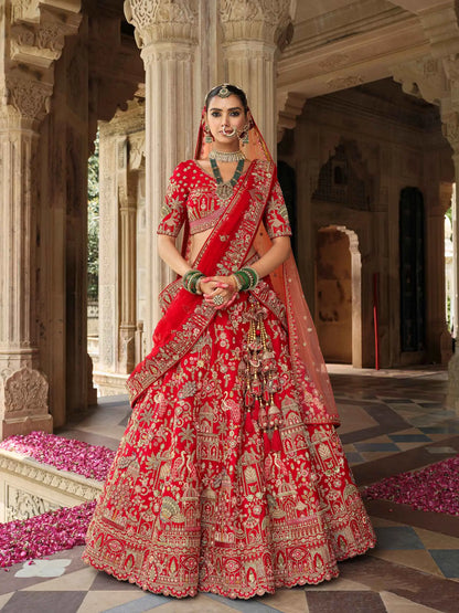 Red Bridal Lehenga With Khatli Embroidery & 2 Dupatta