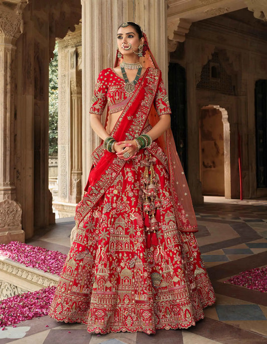 Red Bridal Lehenga With Khatli Embroidery & 2 Dupatta
