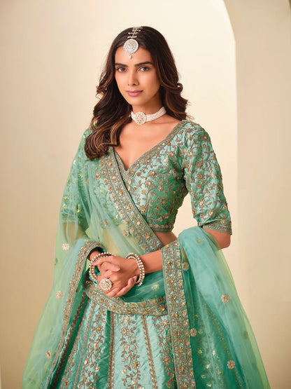 Sea Green Art Silk Embroidered Lehenga Choli