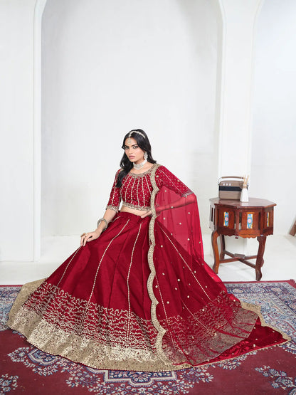 Rose Red Art Silk Embroidery Lehenga Choli