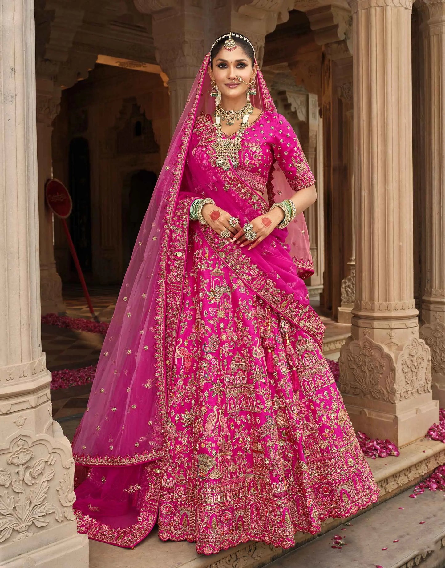 Pink Khatli Embroidery Bridal Lehenga With 2 Dupatta