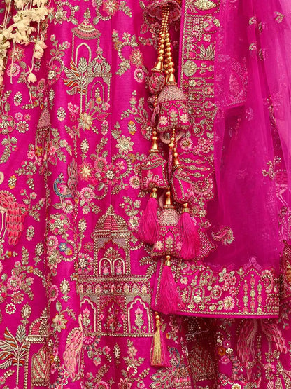 Pink Khatli Embroidery Bridal Lehenga With 2 Dupatta
