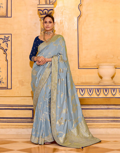 Powder Blue Crepe Silk Zari Weaving Saree