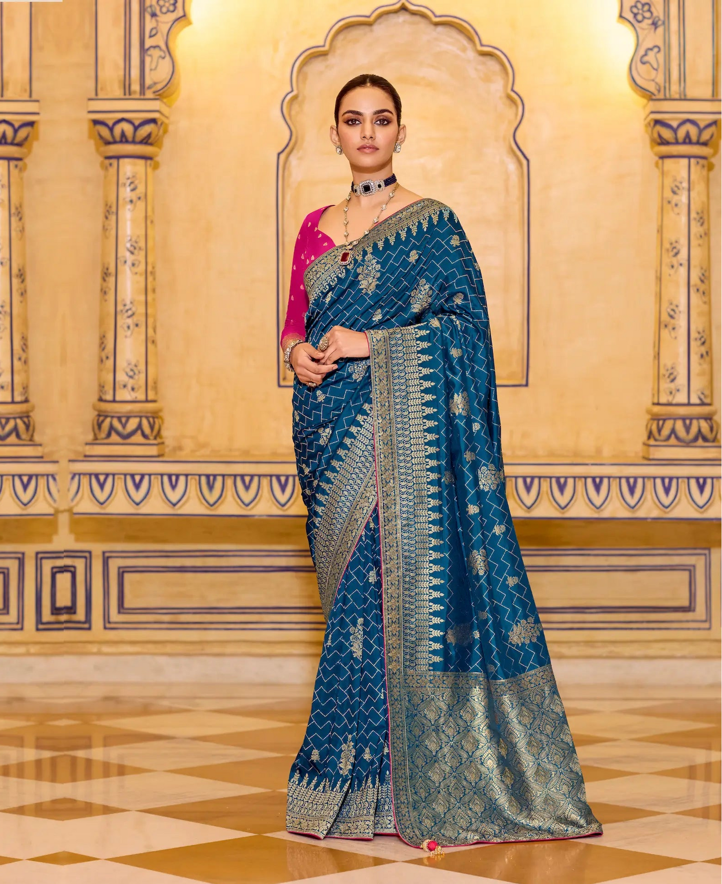 Peacock Blue Crepe Silk Zari Weaving Saree