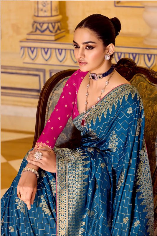 Peacock Blue Crepe Silk Zari Weaving Saree