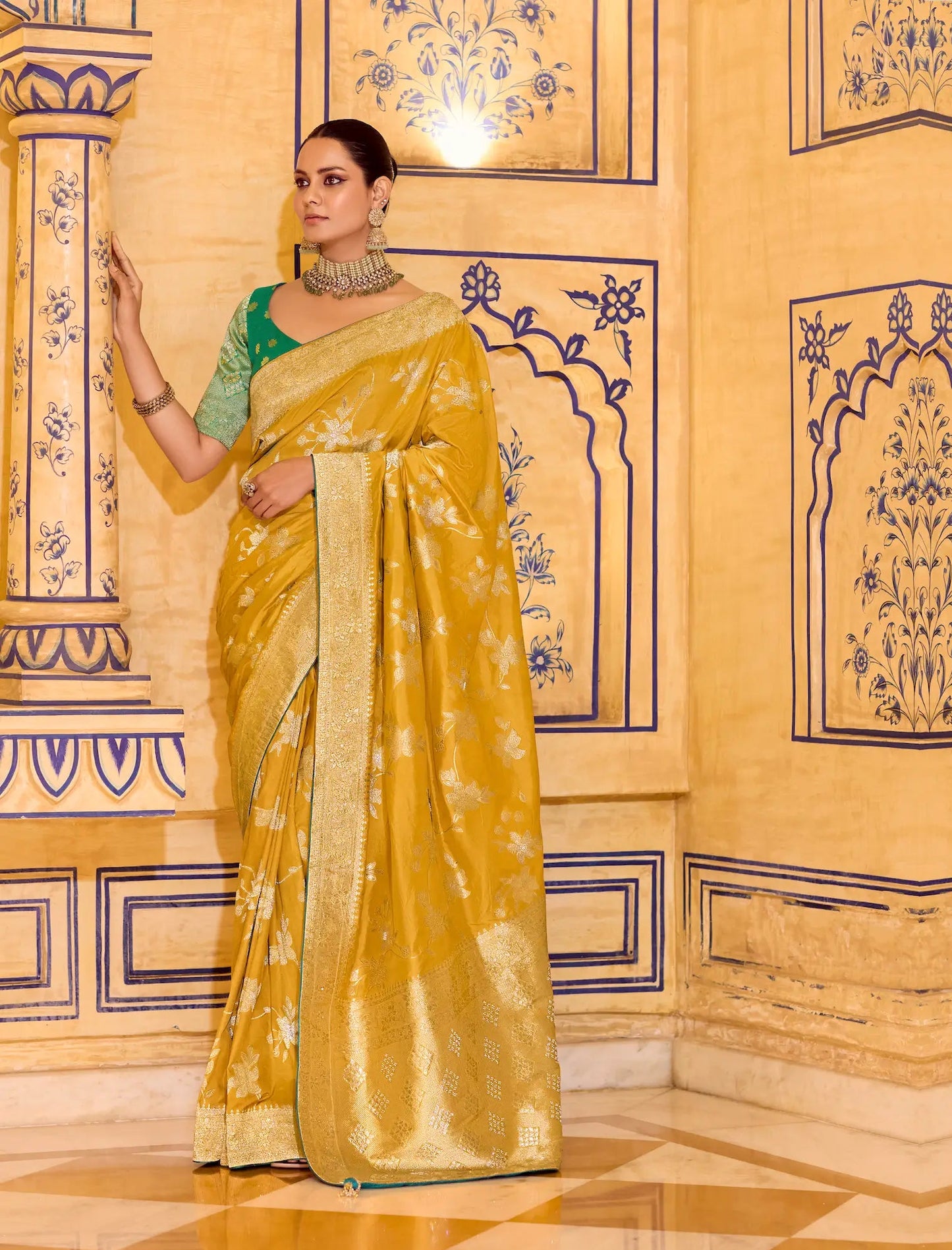 Mustard Yellow Crepe Silk Zari Weaving Saree