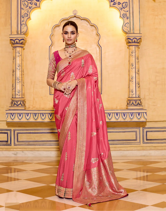 Warm Pink Crepe Silk Zari Weaving Saree