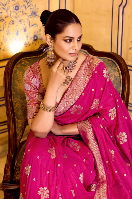 Dark Raspberry Crepe Silk Zari Weaving Saree