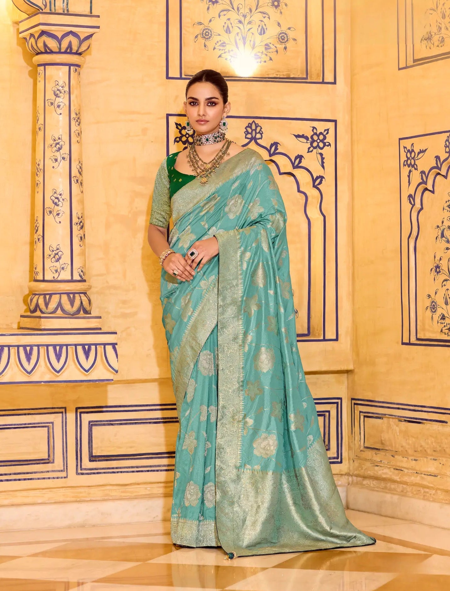 Sea Blue Crepe Silk Zari Weaving Saree