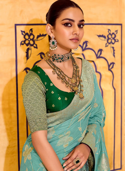 Sea Blue Crepe Silk Zari Weaving Saree