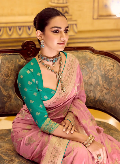 Dusty Pink Crepe Silk Zari Weaving Saree