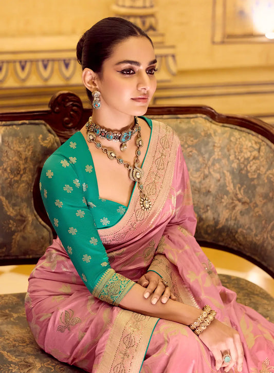 Dusty Pink Crepe Silk Zari Weaving Saree