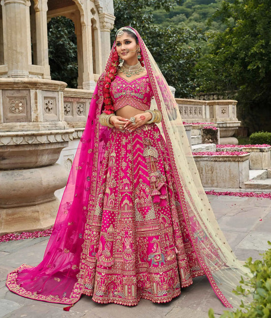 Dark Pink Khatli Embroidery Bridal Lehenga & 2 Dupatta