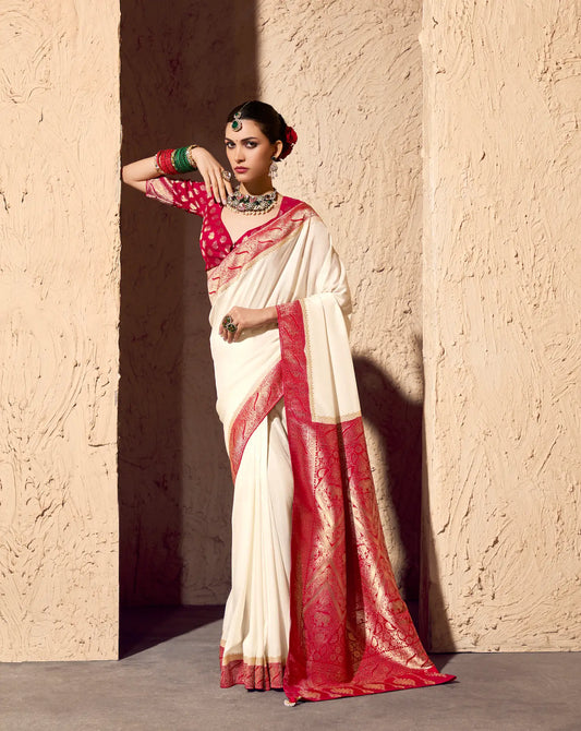 Off White Georgette Zari Weaving Saree