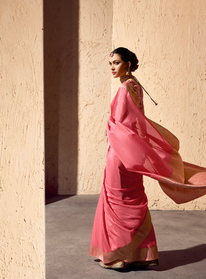 Peach Pink Georgette Zari Weaving Saree