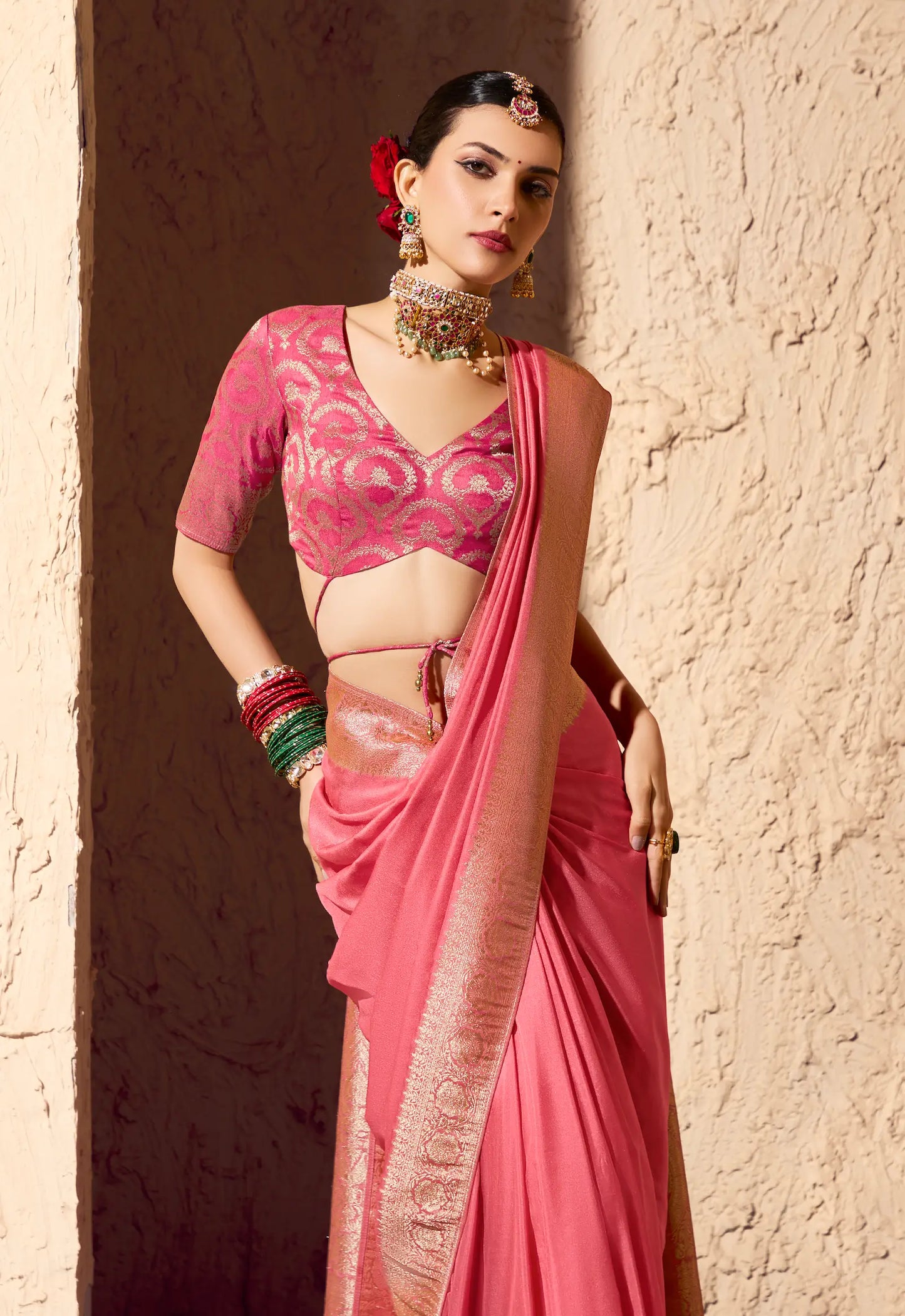 Peach Pink Georgette Zari Weaving Saree
