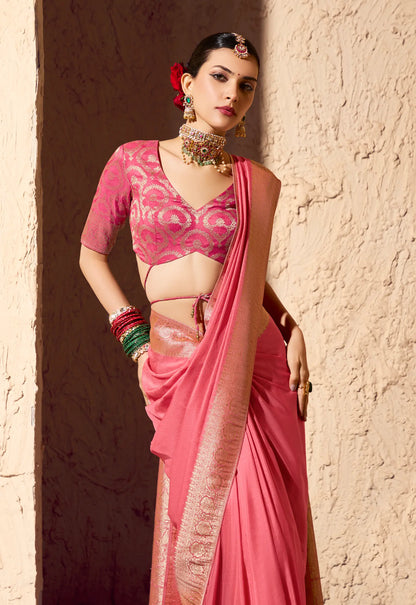 Peach Pink Georgette Zari Weaving Saree