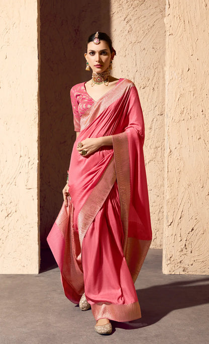 Peach Pink Georgette Zari Weaving Saree
