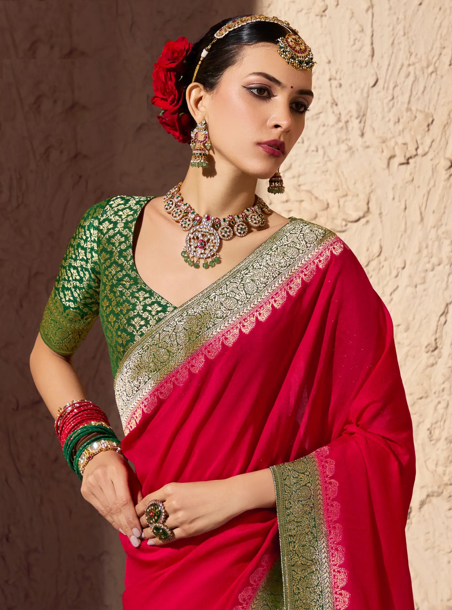 Bright Red Georgette Zari Weaving Saree