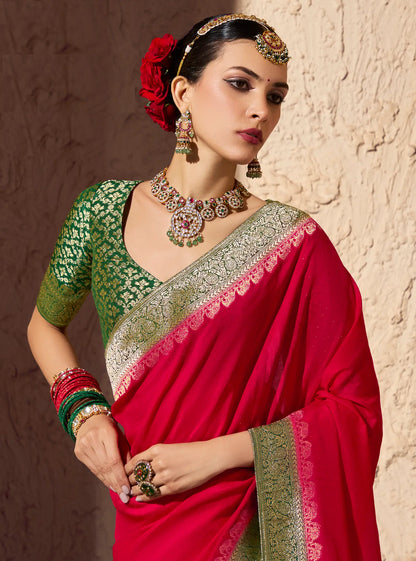 Bright Red Georgette Zari Weaving Saree
