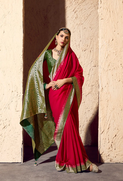 Bright Red Georgette Zari Weaving Saree