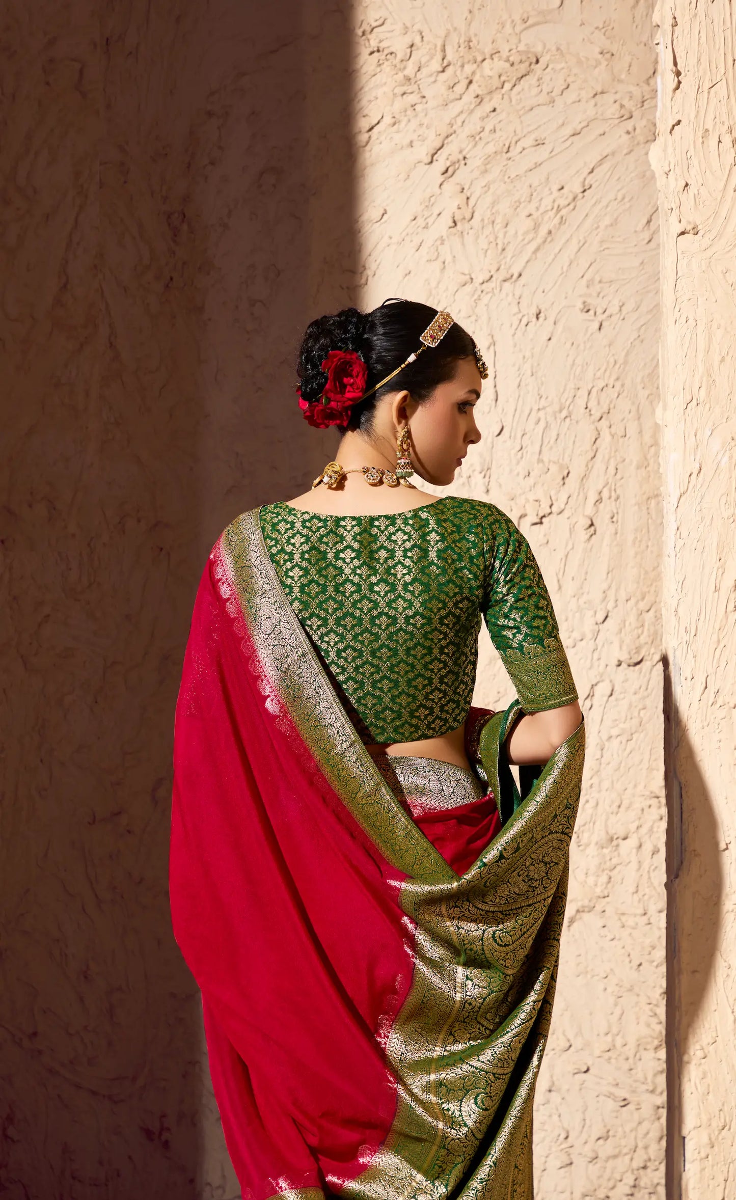 Bright Red Georgette Zari Weaving Saree