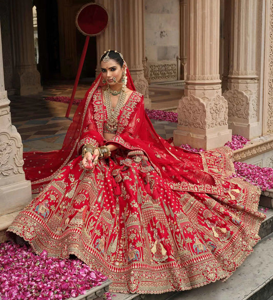 Red Khatli Embroidery Bridal Lehenga With 2 Dupatta