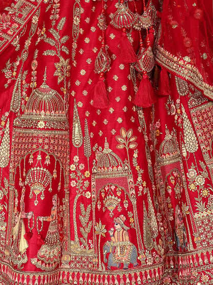 Red Khatli Embroidery Bridal Lehenga With 2 Dupatta