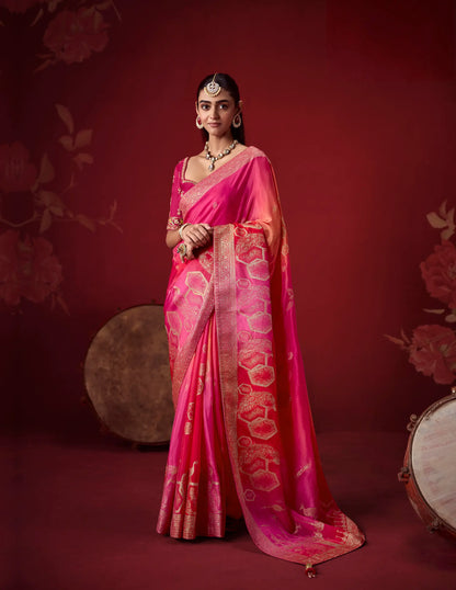 Pink-Red Silk Saree With Heavy Work Blouse