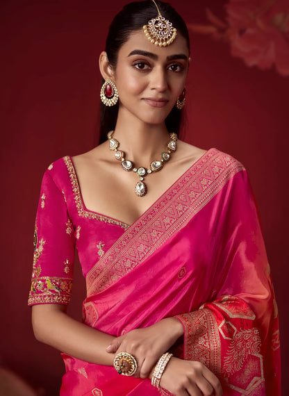 Pink-Red Silk Saree With Heavy Work Blouse