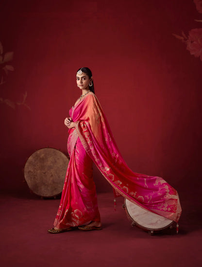 Pink-Red Silk Saree With Heavy Work Blouse