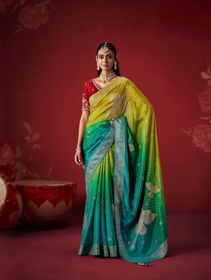 Teal-Yellow Silk Saree With Heavy Work Blouse
