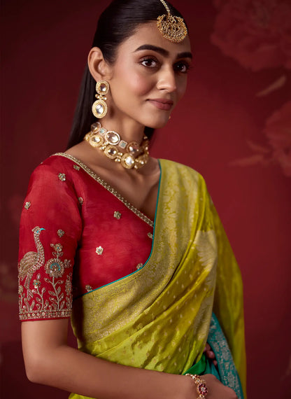 Teal-Yellow Silk Saree With Heavy Work Blouse