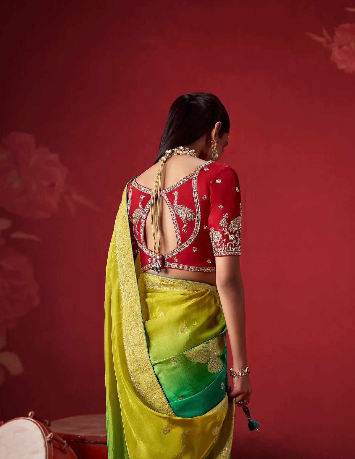 Teal-Yellow Silk Saree With Heavy Work Blouse