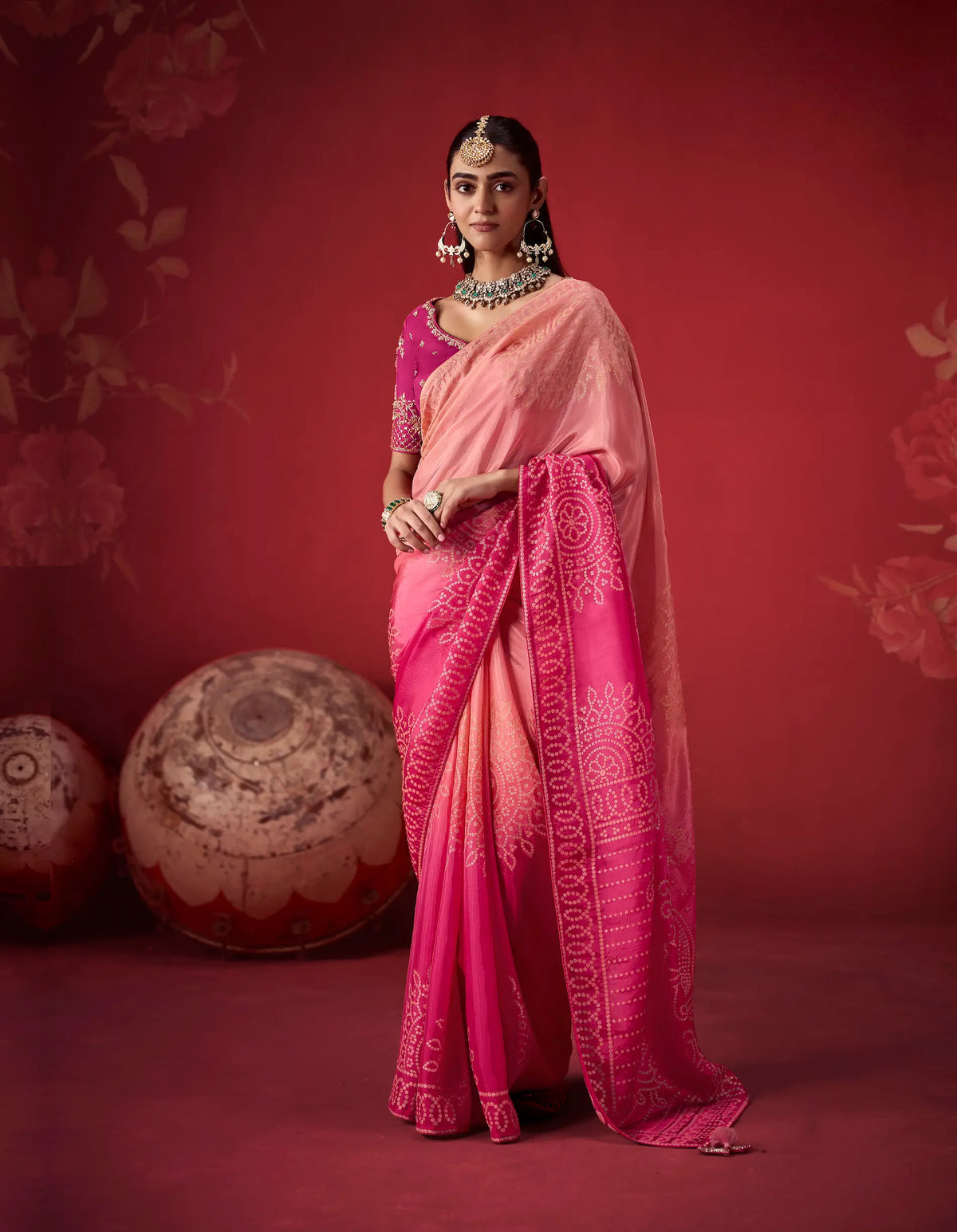 Shaded Pink Silk Saree With Heavy Work Blouse
