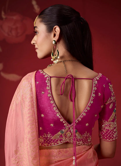 Shaded Pink Silk Saree With Heavy Work Blouse