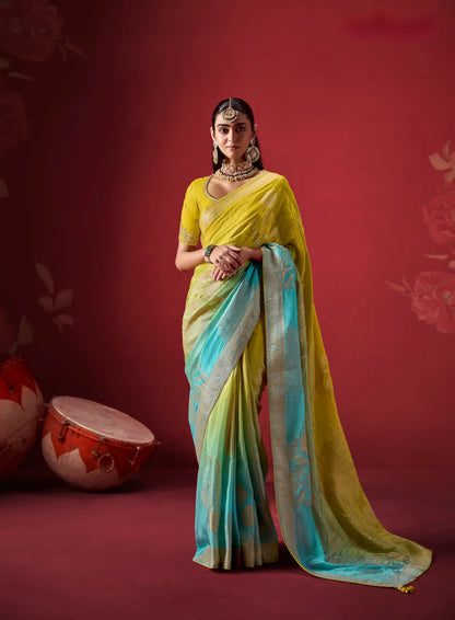 Yellow-Blue Silk Saree With Heavy Work Blouse