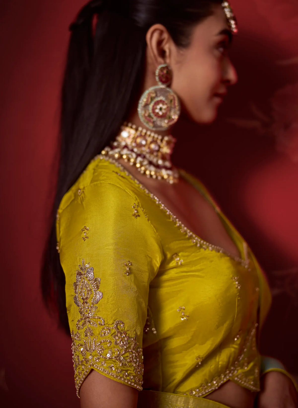 Yellow-Blue Silk Saree With Heavy Work Blouse