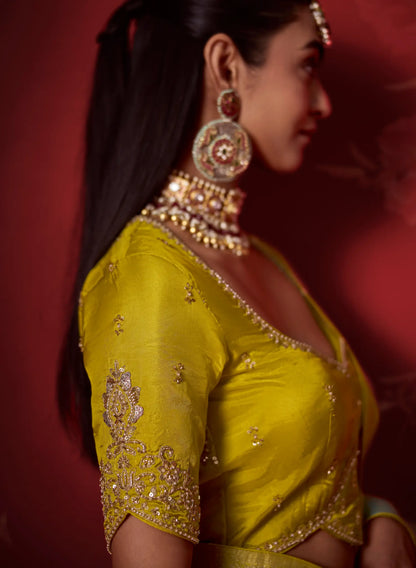 Yellow-Blue Silk Saree With Heavy Work Blouse